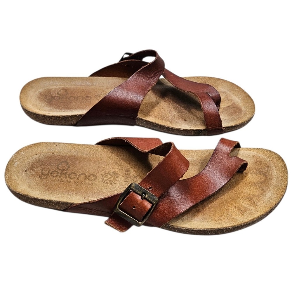 Yokono Leather Slide Sandals Womens 9 Brown Toe Loop Cork Footbed Boho Spain
